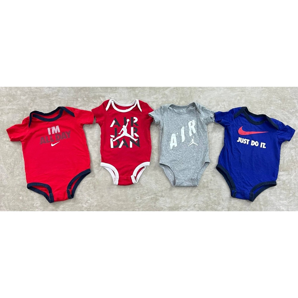 Nike Jordan Baby Bodysuit Lot of 4 Red Blue Grey 0-6 Months Just Do It Jumpman